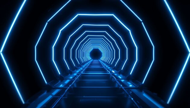 A futuristic tunnel with bright blue neon octagonal lights illuminates a dark pathway.