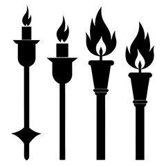 Black silhouettes of torches and candles with flames