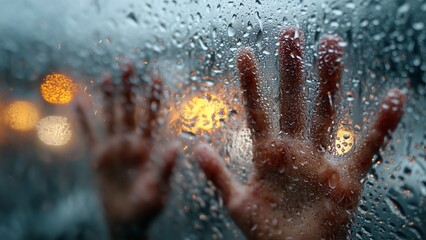 Overcoming Isolation: Hands on a Rainy Window Representing Emotional Struggle and Hope Visualizing Hope and Resilience in Mental Health Recovery