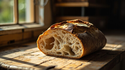 Crusty loaf of bread cut open showing airy interior texture on a rustic wooden table near a window with sunlight