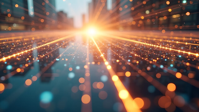 Futuristic city landscape with glowing neon lights representing connectivity and technological advancement, showcasing modern innovation