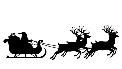 santa claus in sleigh pulled by reindeer silhouette on transparent background © Arun