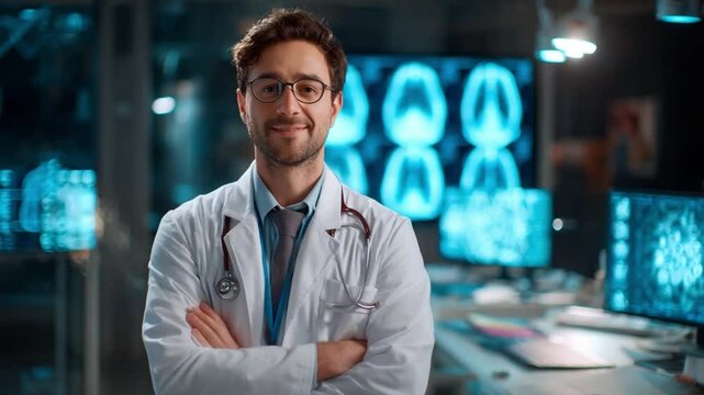Confident Healthcare Professional in Medical Lab: A portrait of a poised, intelligent doctor stands confidently in a modern, well-equipped medical laboratory, exuding expertise and compassion.