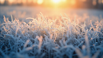 Frost covered grass illuminated by golden sunlight in a blurred natural landscape with cool blue and warm orange tones