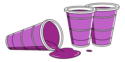 Colorful plastic containers with purple and white wine glasses and pink and purple paint cans are isolated objects