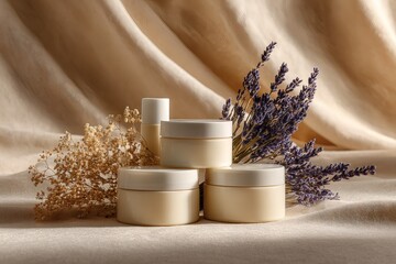 Stacked White-Lidded Cosmetic Jars with Lavender and Dried Floral Accents