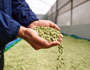 Hands Holding Green Coffee Beans