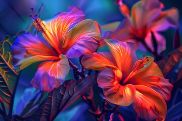 Fototapeta premium Two colorful hibiscus flowers are blooming, showcasing their vibrant petals and delicate details in a tropical setting