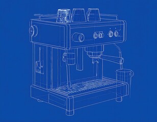 Line Drawing Of Coffee Machine On Blue Background
