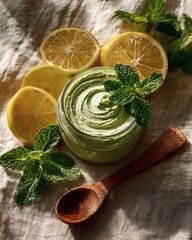 Overhead Shot of Creamy Green Clay Mask with Lemon Slices and Fresh Mint