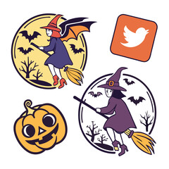 Halloween witches flying on brooms with bats and pumpkin vector