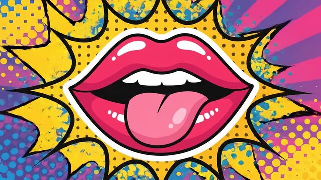 Pop art Pink lips open tongue out white teeth yellow burst bluepink dots black outline