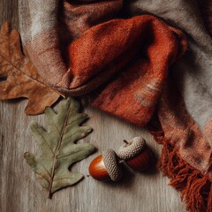 Obraz premium Cozy autumn setting with warm scarf, leaves, acorns and chestnuts