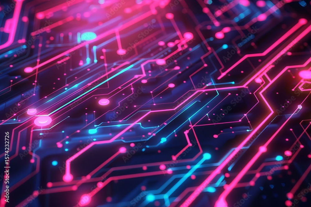 Poster pink and cyan circuit board with glowing nodes transmitting data, symbolizing advanced technology an