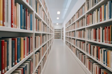 Fototapeta premium Library corridor with white bookshelves full of colorful books creating a vanishing point