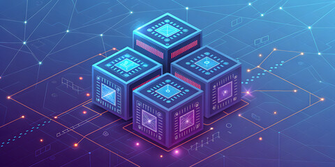 Four glowing cubes with circuits form a network on a digital background