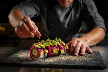 Young male chef plating colorful vegan sushi burrito on black slate board under dramatic light, garnishing with sesame in professional restaurant kitchen
