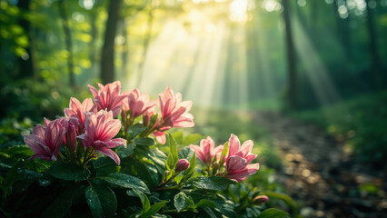 Pink azalea flowers blooming in a sunlit forest with a path and sunbeams shining through the trees creating a tranquil scene
