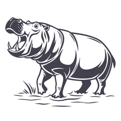 Majestic hippopotamus roaring with open mouth on grassy terrain wildlife animal