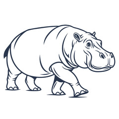 Stylized hippopotamus walking forward with dark blue outline animal wildlife