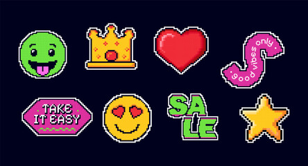 Set of pixel stickers and badges with emoji, Y2K slang, crown, heart. Phrases 'take it easy', 'good vibes only'. Trendy colorful pack for games or social media. 8bit patch collection.