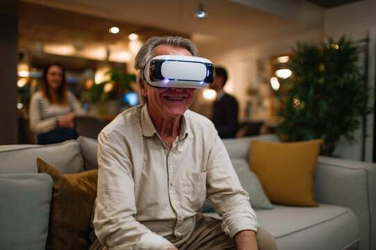 Elderly caucasian male wearing VR headset smiling on sofa, mature man in living room with glowing visor, caregiver in background, senior technology concept