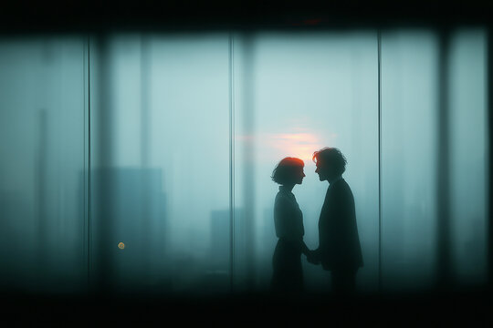 Couple holding hands silhouetted against sunset sky