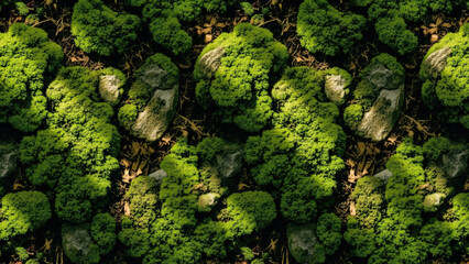 Overhead view of vibrant green moss and weathered gray stones on a forest floor with scattered brown leaves and natural light