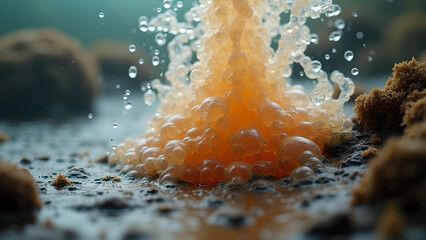 Dramatic eruption of orange effervescent substance with pristine water droplets in an otherworldly landscape showcases nature's wonder