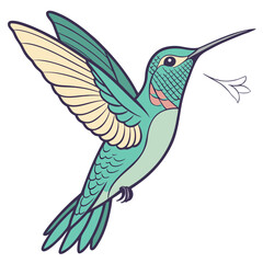 Teal and cream hummingbird with flower flying wings