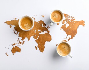 Coffee Cups Arranged On World Map