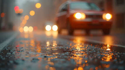 City street scene during a rainy night, vehicles headlights illuminate the wet pavement, blurred traffic light reflections