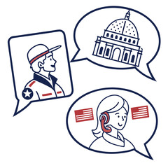 People communicating with national symbols and landmark communication speech bubbles