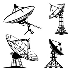 Satellite dishes and antennas black silhouettes radio telescope