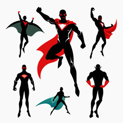 Black caped figures in dynamic flight poses superhero