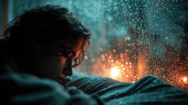 Emotional woman sitting with head down looking through a rain-covered window du sunset indoors with a contemplative mood and warm orange glow