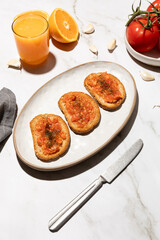Homemade pan con tomate, tomato toast traditional mediterranean breakfast