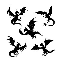Six Flying Dragons in Various Poses silhouette mythical creature