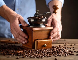 Hands Holding Vintage Wooden Coffee Grinder