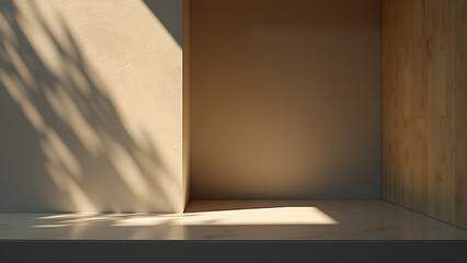 A minimalist architectural interior featuring natural light and leaf shadows creating a serene and inviting atmosphere inside the room