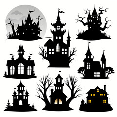 Haunted mansion silhouettes with spooky trees halloween