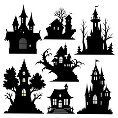 Spooky haunted mansion silhouettes gothic castle