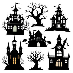 Spooky haunted mansions and bare trees silhouette Halloween