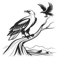 Bold ink eagles perched and flying on white background bird branch