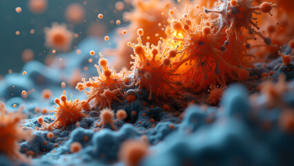 Microscopic view of viral cells concept illustrates the spread of infectious diseases and immune response mechanisms