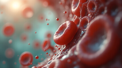 Close up of red blood cells flowing in a human vein or artery illustration of biology