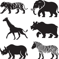 Tiger elephant giraffe rhino zebra silhouettes vector