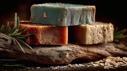 Handmade Soap Bars with Oats and Herbs Arranged on Wooden Board