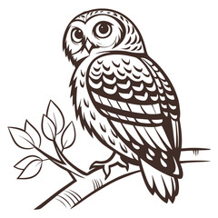 Brown owl perched on a branch with leaves bird