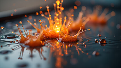 Captivating moment orange liquid splash on a dark surface reflects light creating stunning visual effect that mesmerizes viewers